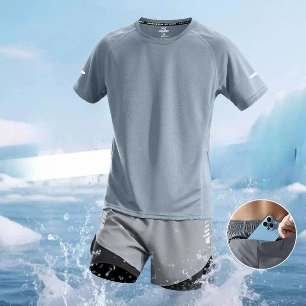 Sport Sleeve Tracksuit Ice Silk Quick Drying Fitness Clothes Running Sportswear Short T-shirt Suit Gym Training Sets_desvips.com