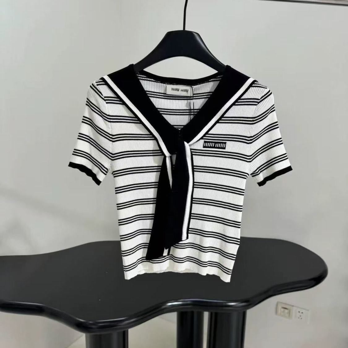 Original Standard Nanyou High-End Women's Clothing 2025 Summer Navy Collar Tie Patch Striped Knit T-Shirt Top_desvips.com