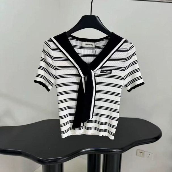 Original Standard Nanyou High-End Women's Clothing 2025 Summer Navy Collar Tie Patch Striped Knit T-Shirt Top_desvips.com