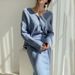 Women's Clothing elegant V-neck linen pattern knitted cardigan sweater + high waist sheath skirt_desvips.com