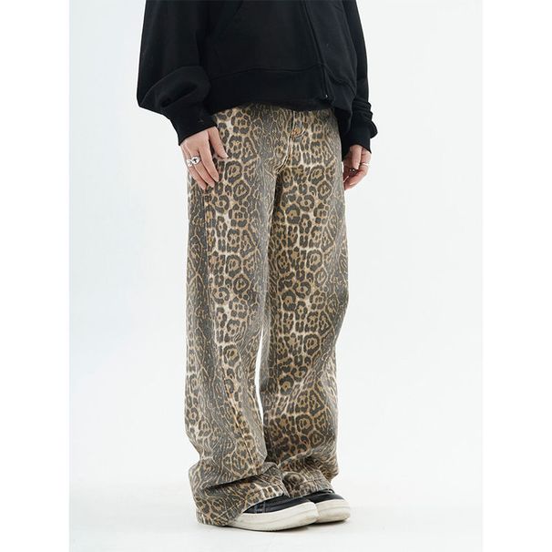 American Style Trendy Brand Washed Leopard Print Men's Jeans Casual Hip Hop Street Loose Straight Wide Leg Long Pants_desvips.com