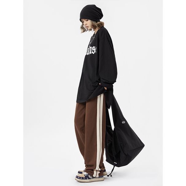 RenMou Short Side Striped Pants For Women, American High Street Brown Ins Sweatpants, Straight Leg Sports Casual Pants, Thin Exclusive Supply_desvips.com