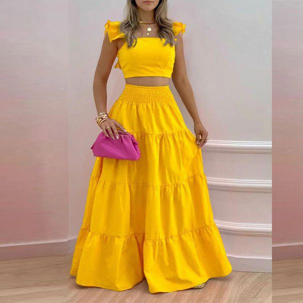 Women's Solid Color Mid-Waist Two Piece Set Sexy Strap Trendy Dress Spring/Summer Casual Ankle-Length Straight Skirt_desvips.com