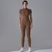 New Solid Color Zipper Tight High Elastic Short Sleeve Sports Fitness Running Nine-point Jumpsuit Long Pants Yoga Wear_desvips.com