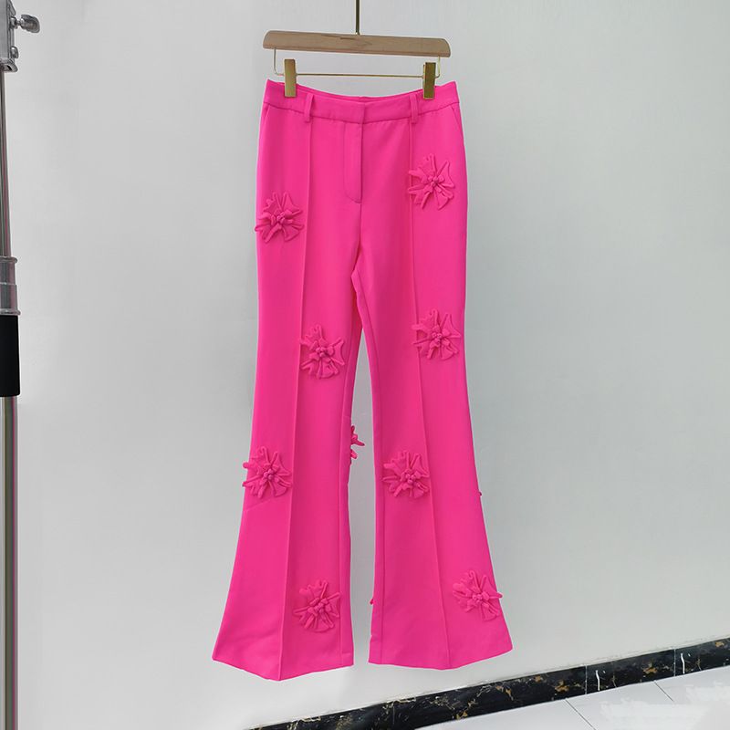 Women's Clothing new Korean style suit collar long sleeved jacket + temperament commuting flared pants heavy duty three dimensional flower suit_desvips.com