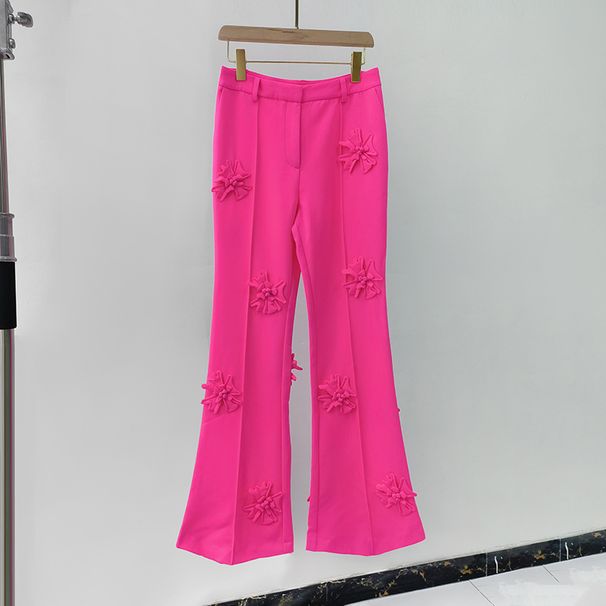 Women's Clothing new Korean style suit collar long sleeved jacket + temperament commuting flared pants heavy duty three dimensional flower suit_desvips.com