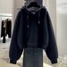 Dark Brown Casual Short Sweatshirt For Women, Fleece-Lined, 2026 New Spring Autumn Winter Solid Color Hooded Jacket_desvips.com