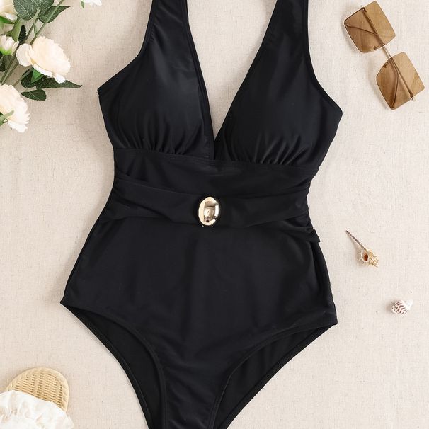 2026 New Cross Strap Deep V Neck Backless Metal Decoration Slim Sexy Swimsuit_desvips.com