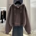 Dark Brown Casual Short Sweatshirt For Women, Fleece-Lined, 2026 New Spring Autumn Winter Solid Color Hooded Jacket_desvips.com