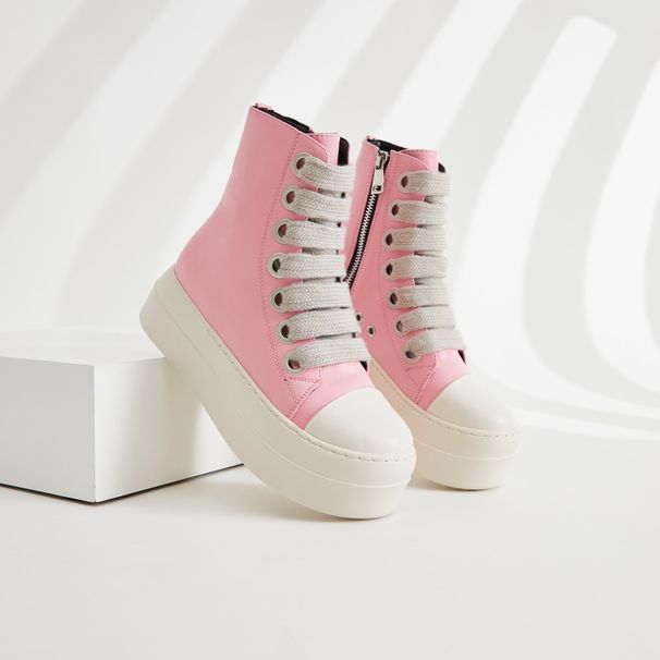 RenMou 2024 Thick Soled New Wind Board Candy Color Large Women's Lace Up Student High Top Shoes For Women Exclusive Supply_desvips.com