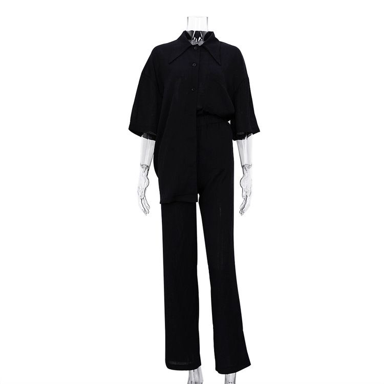 Women's Clothing New Arrival Half Sleeve Shirt Simple Brown Two-Piece Casual Loosen Pants Set_desvips.com