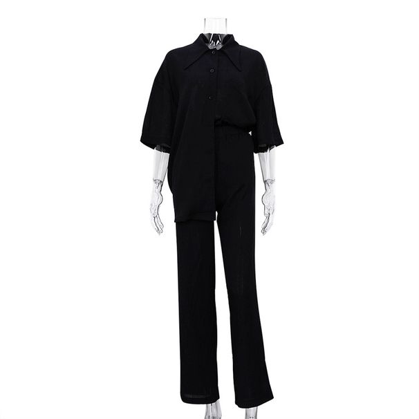 Women's Clothing New Arrival Half Sleeve Shirt Simple Brown Two-Piece Casual Loosen Pants Set_desvips.com