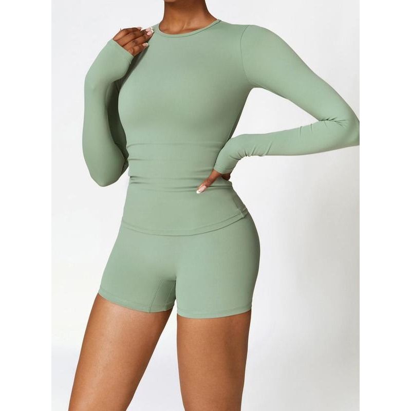 Set Women's Solid Tracksuit Set, Long Sleeve Round Neck Sports Tee & High Waist Skinny Shorts,Minimalistic Fall Outfit, 90s Clothes Leisure Wear Top_desvips.com