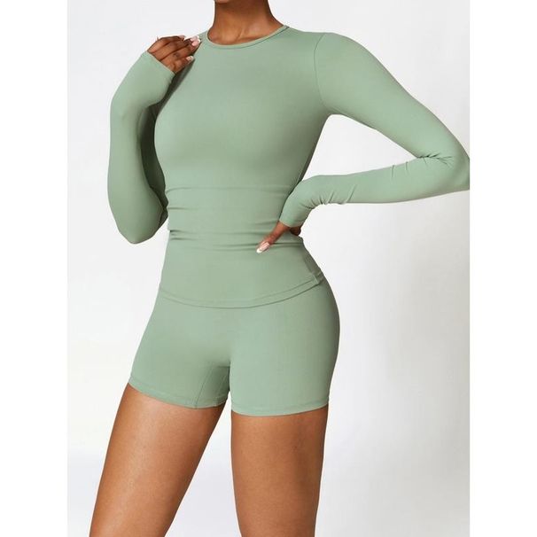 Set Women's Solid Tracksuit Set, Long Sleeve Round Neck Sports Tee & High Waist Skinny Shorts,Minimalistic Fall Outfit, 90s Clothes Leisure Wear Top_desvips.com