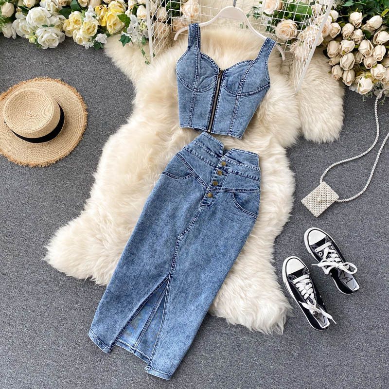 Women Sexy short camisole vest high waisted denim skirt_desvips.com