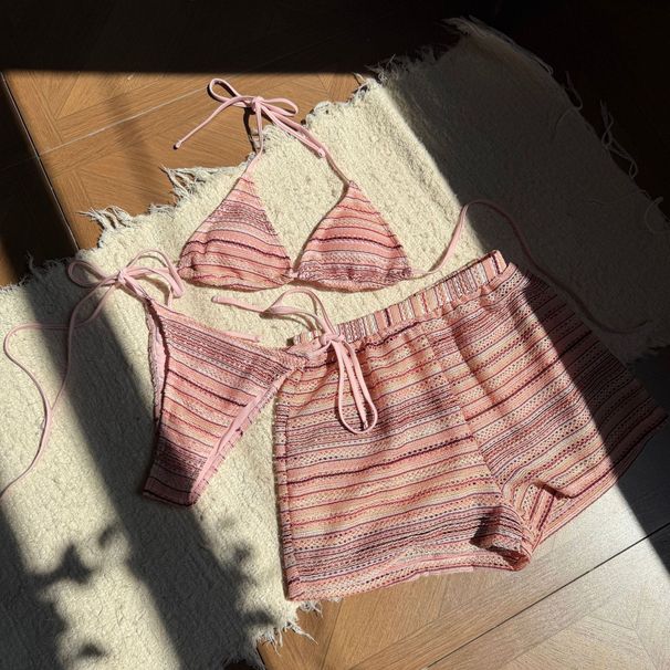 sexy Knitted Striped Halter Tie Bikinis Sets Three Pieces With Shorts Swimsuits Beachwear Bathing Suit Swimwear Biquini_desvips.com