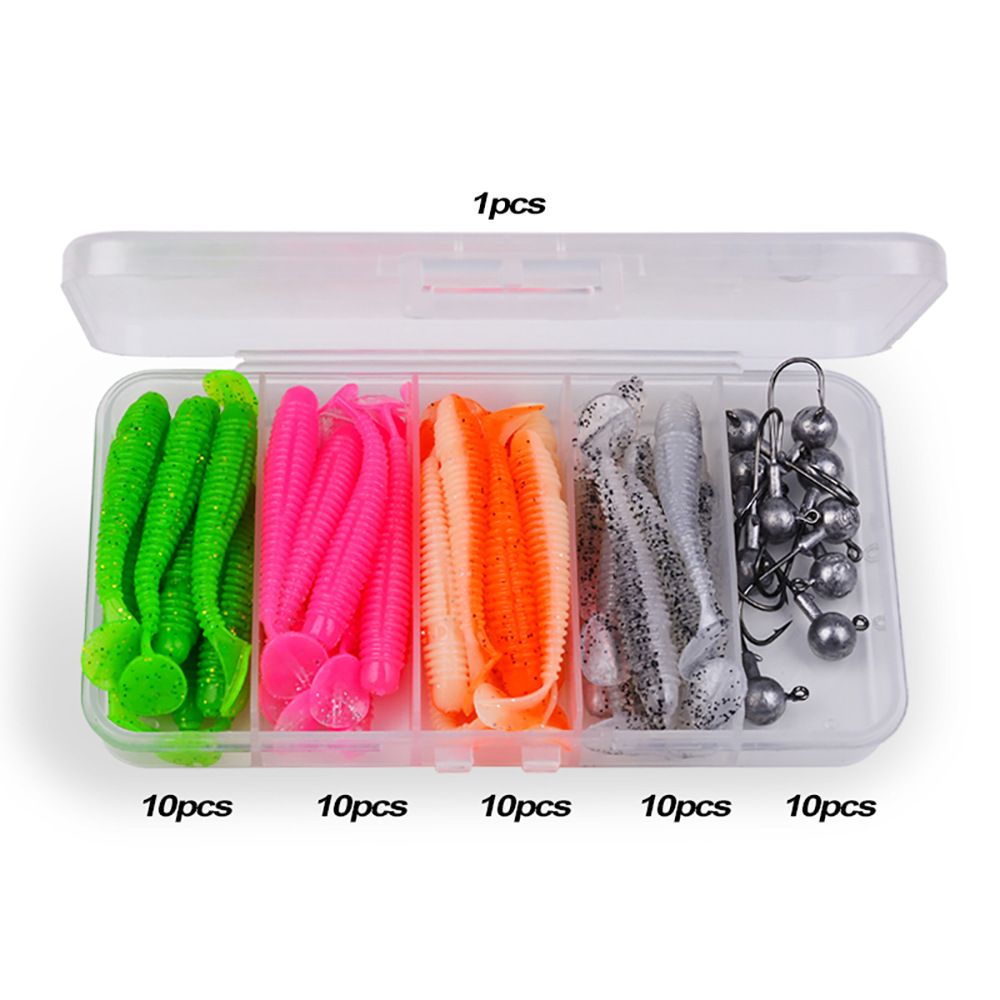 T Tail Bait Fish 51pcs Soft Worm Lead Head Hook Lure Box Set DWS561_desvips.com
