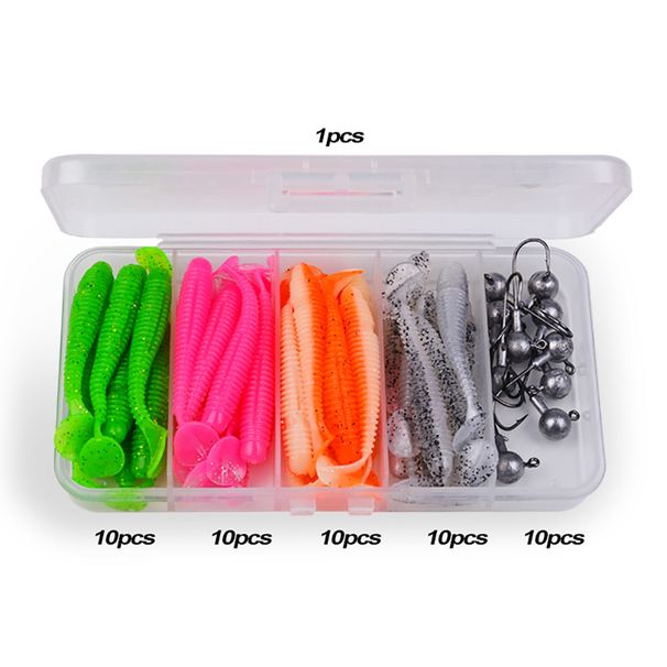 T Tail Bait Fish 51pcs Soft Worm Lead Head Hook Lure Box Set DWS561_desvips.com