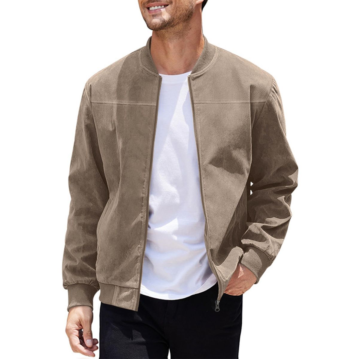 Men'S Fashion Suede Solid Color Zipper Jacket Casual Vintage Long Sleeve Cardigan_desvips.com