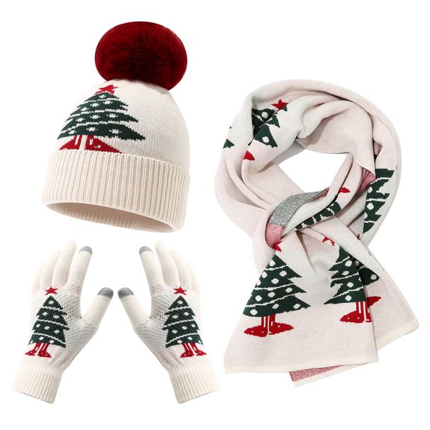 Christmas Knit Hat Scarf Gloves Set For Women & Kids - Warm Winter Accessories With Festive Design - Red/White/Green_desvips.com