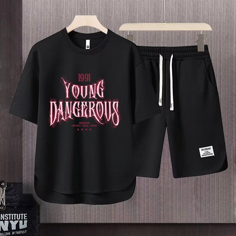 Men's Clothing 2024 Waffle Casual Summer Suit Men's Loose Teen Short sleeved T shirt Shorts Handsome Two piece Suit_desvips.com