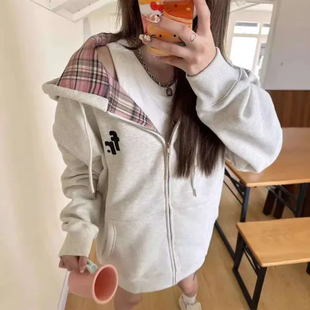 Dongdaemun White And Gray Color-Block Zipper Hoodie Korean Style Loose Casual Versatile Design Hooded Cardigan_desvips.com