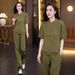 Ice Silk Casual Sportswear For Women, 2025 Summer New Stylish Slimming Short-sleeve Top And Wide-leg Pants Two-piece Set_desvips.com