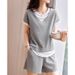 Summer New Miu Casual Sports Suit For Women, 2025, Color-blocked Fake Two-piece Short-sleeve Shorts Set_desvips.com