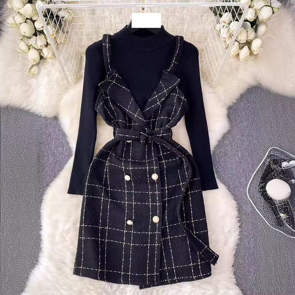 Women's retro celebrity style double-breasted waist suspender dress with knitted sweater suit skirt_desvips.com