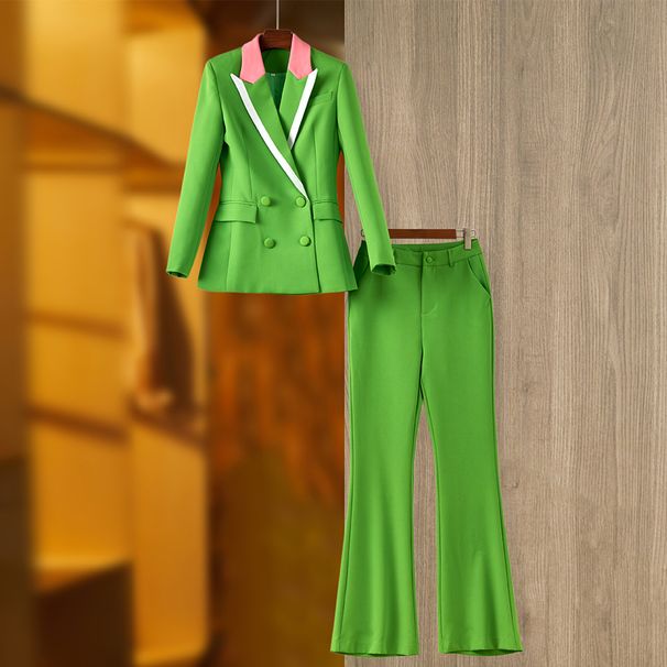 Women's emerald green spliced suit collar top wide-leg trousers temperament fashion two-piece trouser suit_desvips.com