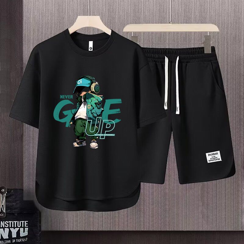 Men's Clothing 2024 Waffle Casual Summer Suit Men's Loose Teen Short sleeved T shirt Shorts Handsome Two piece Suit_desvips.com