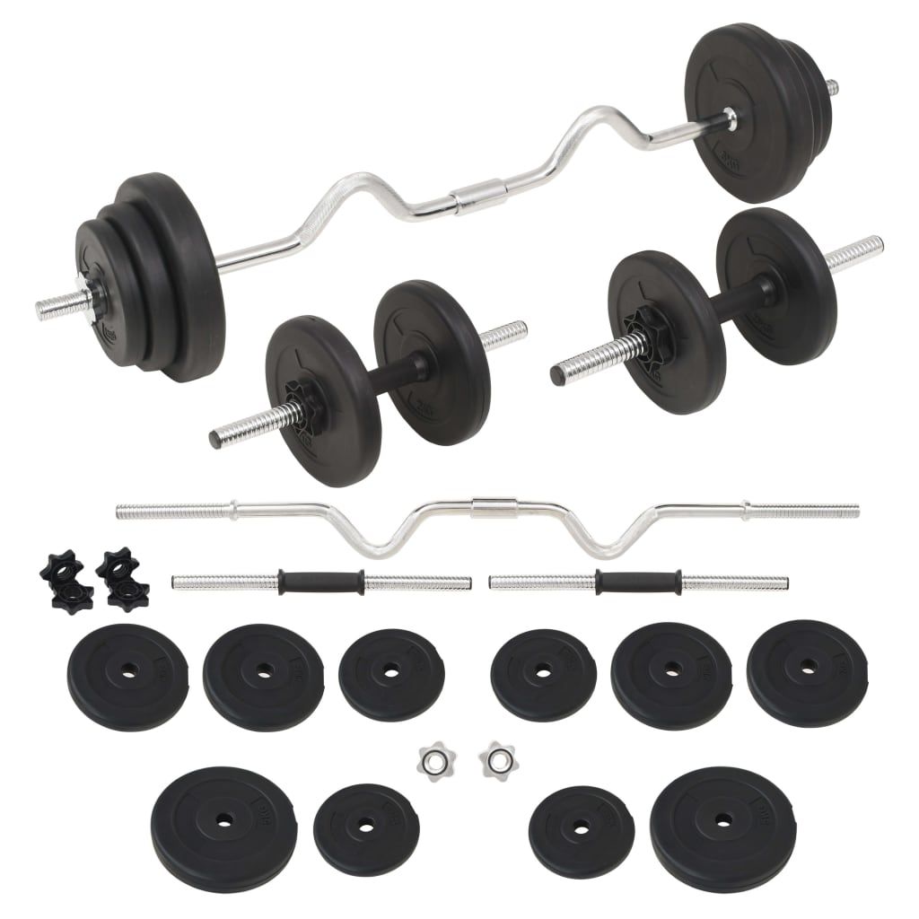 Home Gym Barbell/Dumbbell Set - 30.5 Kg Total Weight - Chrome-Plated Bars - Cement Plates With Plastic Coating - Includes Star Collars_desvips.com