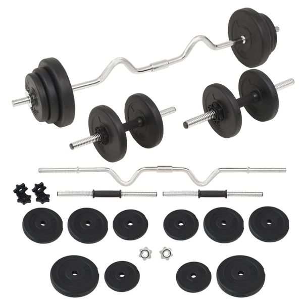 Home Gym Barbell/Dumbbell Set - 30.5 Kg Total Weight - Chrome-Plated Bars - Cement Plates With Plastic Coating - Includes Star Collars_desvips.com