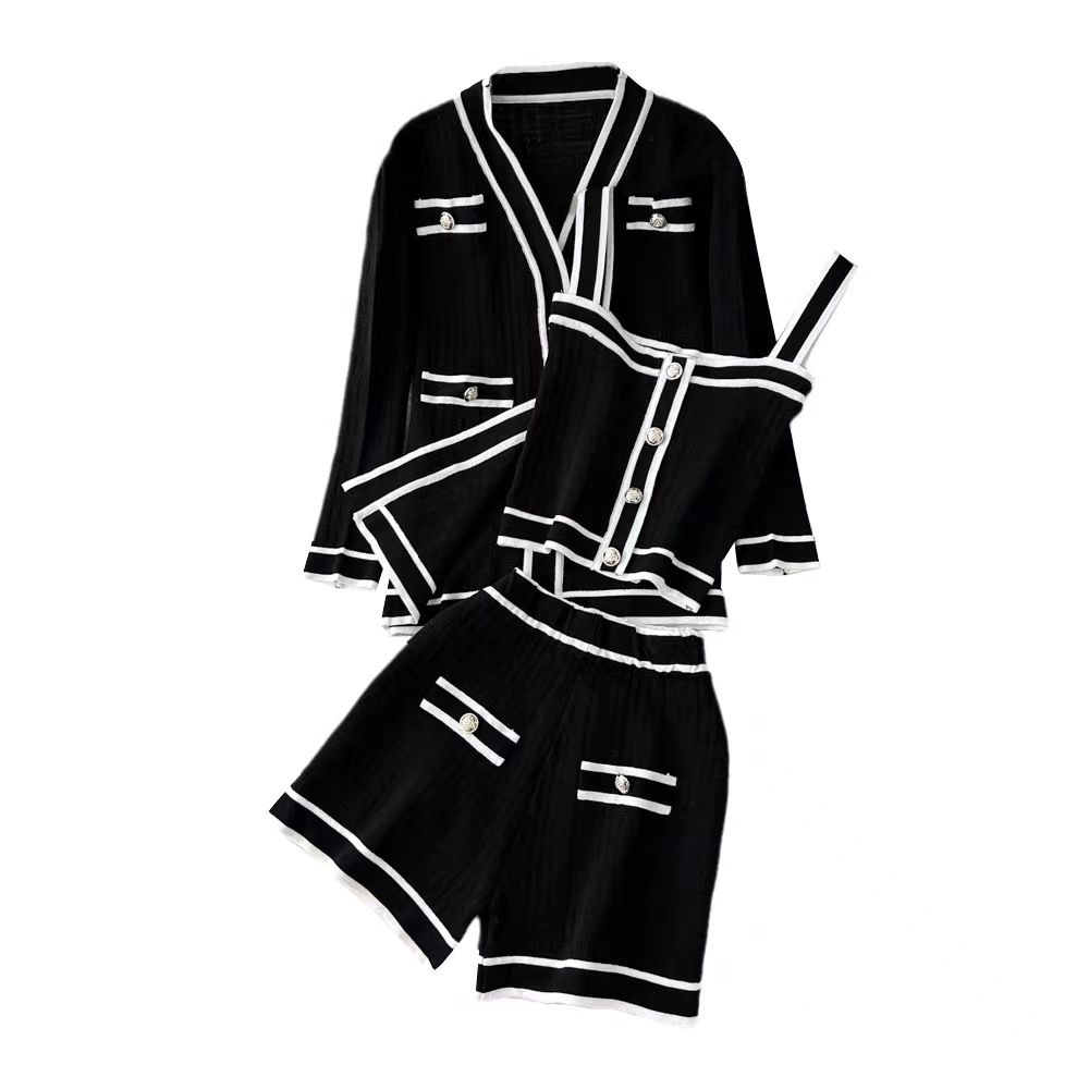 Women's ladylike temperament, contrasting color V-neck knitted cardigan three-piece set camisole high-waisted shorts_desvips.com