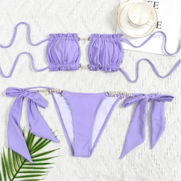 Sexy Rhinestone Chain Micro Thong Bikini Women Swimwear Ruffled Bandeau Swimsuit Knotted Bathing Swimming Suit Bikinis_desvips.com