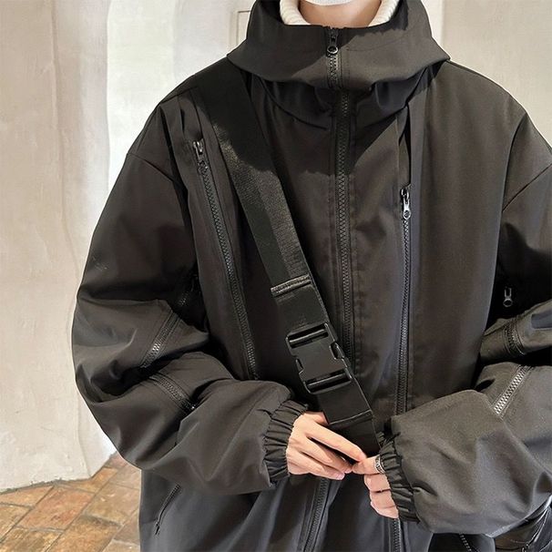 European And American High Street Hip-hop Jacket, Trendy Outdoor Functional Men's Black Hooded Jacket_desvips.com