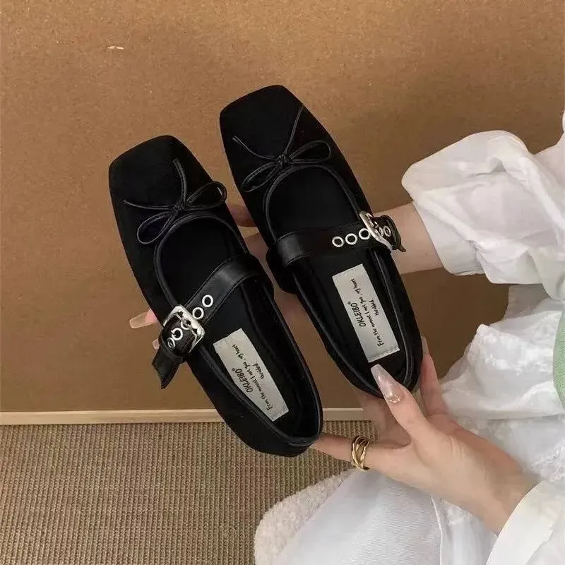 Wome's Square Toe New Style Bow Flats Ladies Ballet Sier Belt Buckle Footwear Elegat Fashio Mary Jae Shoes_desvips.com