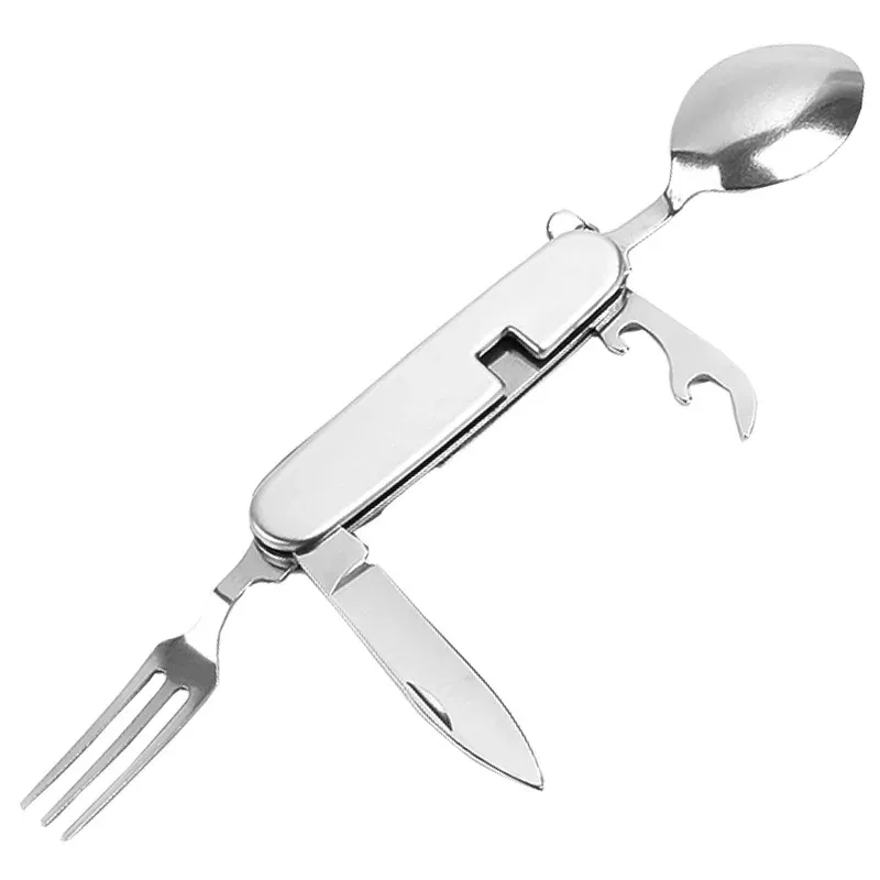 Camping Tableware Set Stainless Steel Folding Fork Spoon Knife Bottle Opener Removable Tableware Travel Kitchen User Portable_desvips.com