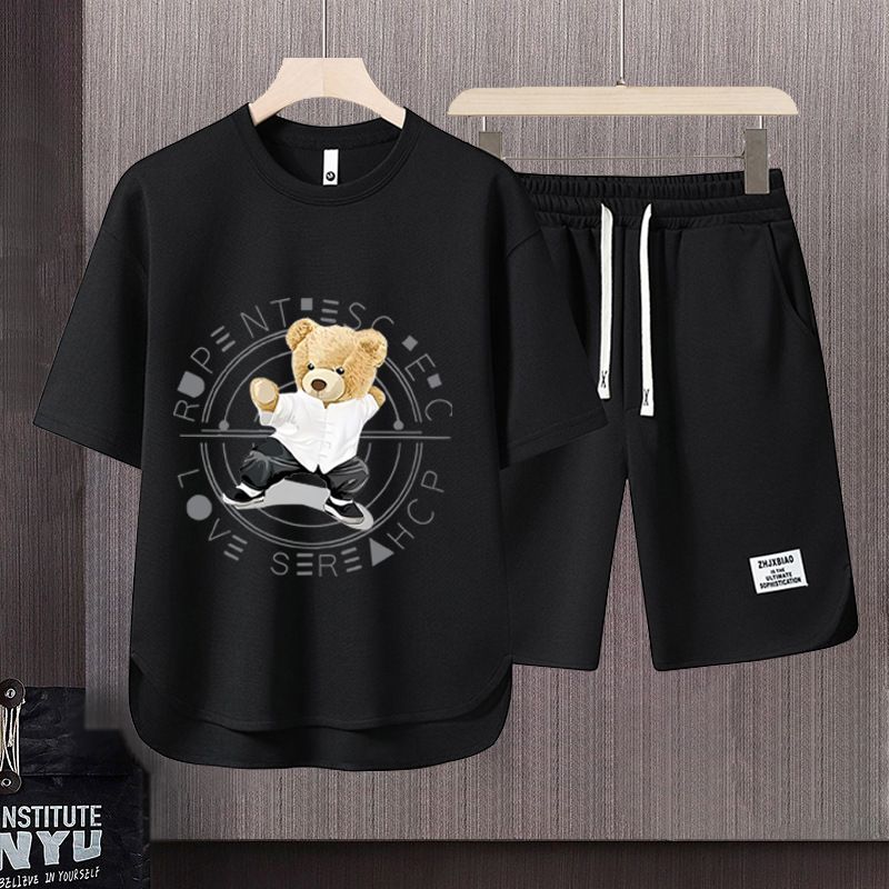 Men's Clothing 2024 Waffle Casual Summer Suit Men's Loose Teen Short sleeved T shirt Shorts Handsome Two piece Suit_desvips.com