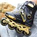 Adult Straight Men's And Women's Black Gold Flat Flower Single Row Roller Skating Shoes Beginner's Study_desvips.com