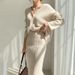 Women's Clothing elegant V-neck linen pattern knitted cardigan sweater + high waist sheath skirt_desvips.com