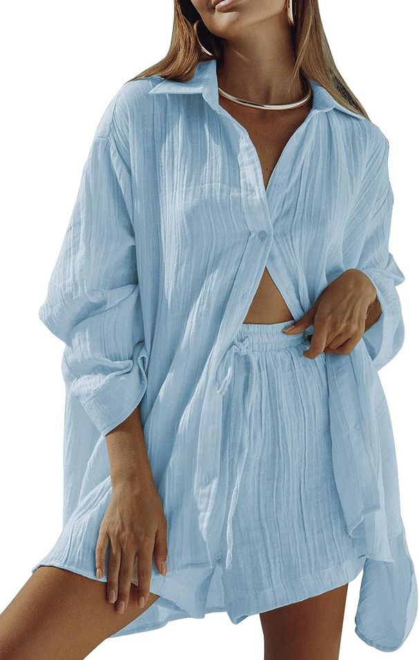 European American Style Women's Casual Two-Piece Set 2023 Summer New Long Sleeve Shirt Top And Shorts Sports Suit_desvips.com