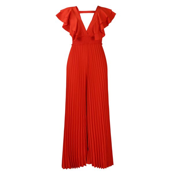 Women's new deep V-neck high waist sexy ruffled pleated wide-leg jumpsuit_desvips.com