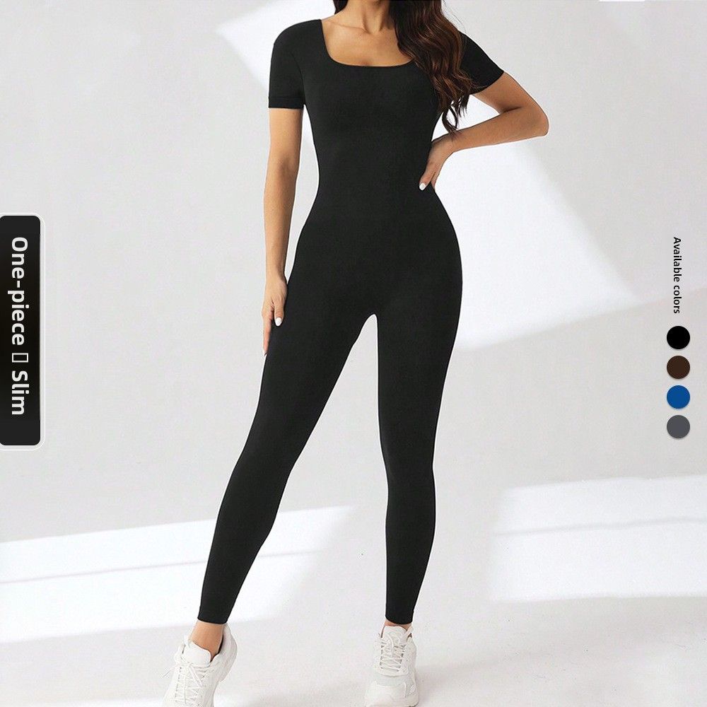 U-Neck Sports For Women Summer Short Sleeve High Waist Hip-Lifting Fitness Wear Slimming Tight Yoga Jumpsuit_desvips.com