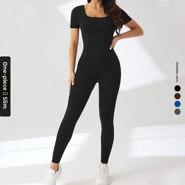 U-Neck Sports For Women Summer Short Sleeve High Waist Hip-Lifting Fitness Wear Slimming Tight Yoga Jumpsuit_desvips.com
