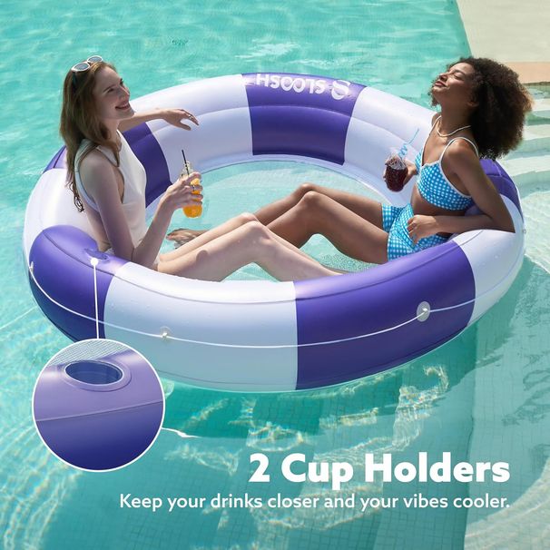 Inflatable Blue Striped Double Swimming Ring With Net Tanning Lounge Chair Sunbathing Outdoor Water Adult Coke Cup Double Lying Ring Chair_desvips.com