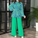 Women's clothing fashion pleated temperament puff sleeve shirt high waist wide leg pants suit_desvips.com