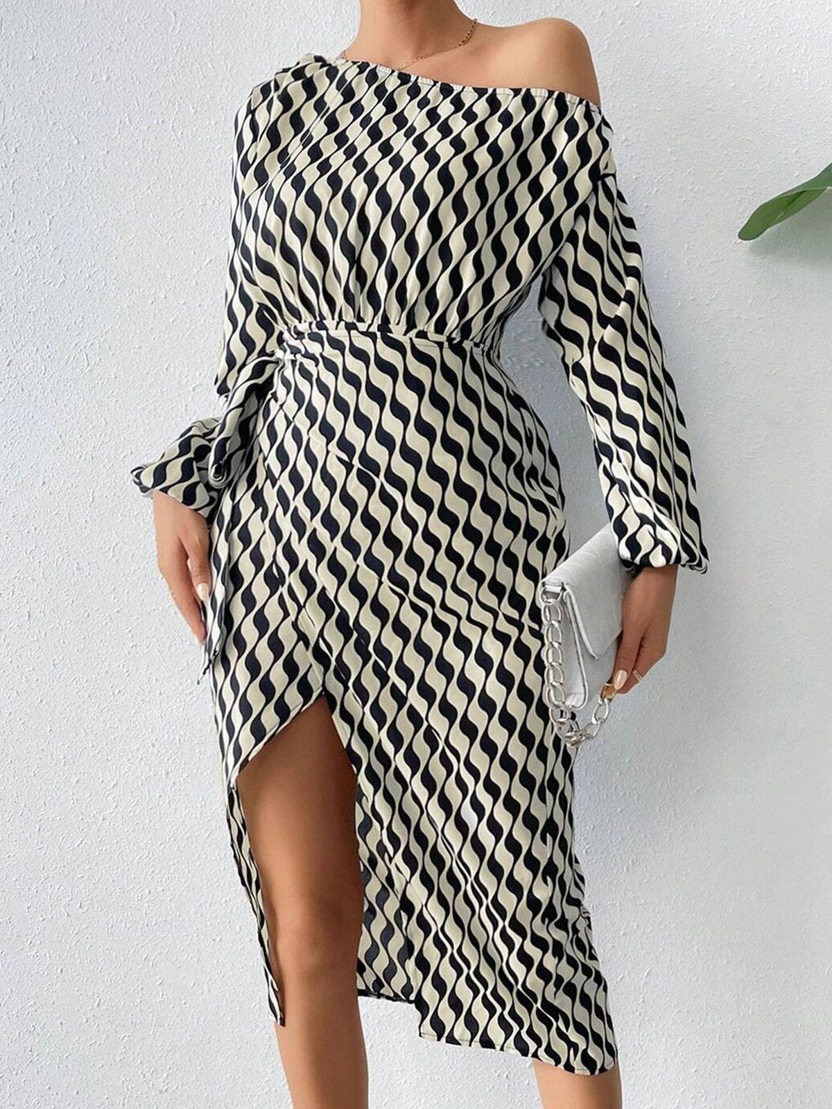 Spring Summer Autumn Winter Mid-high Waist Striped Slit Elastic Cuff Skirt_desvips.com