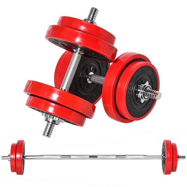 Set Di Manubri Pesi 2 In 1 Da 20kg, Dischi Con Rivestimento In Plastica Antigraffio, Rosso E Nero_desvips.com