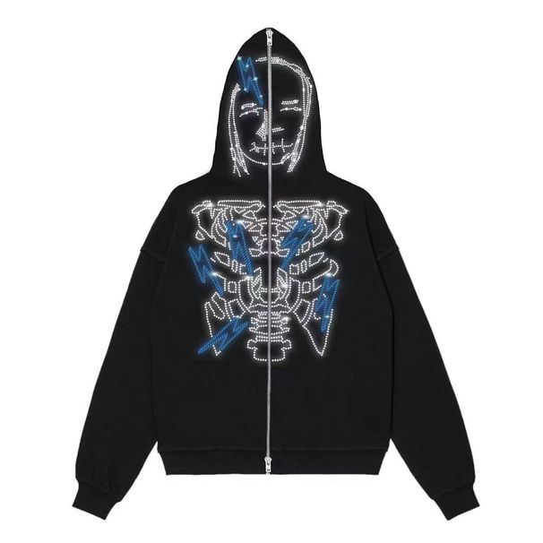 Men's Clothing dark skull rhinestone print sweatshirt hoodie Gothic couple large size zipper_desvips.com